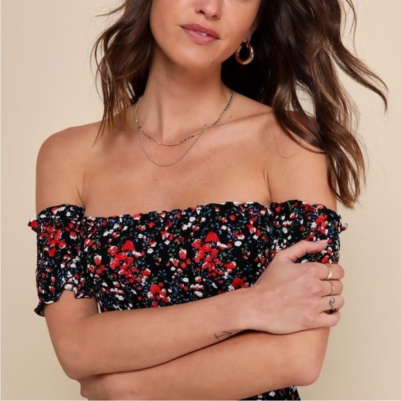 NWT Lulu’s View from the Meadow Off the Shoulder Midi Dress Black Floral Size XL - Picture 3 of 11